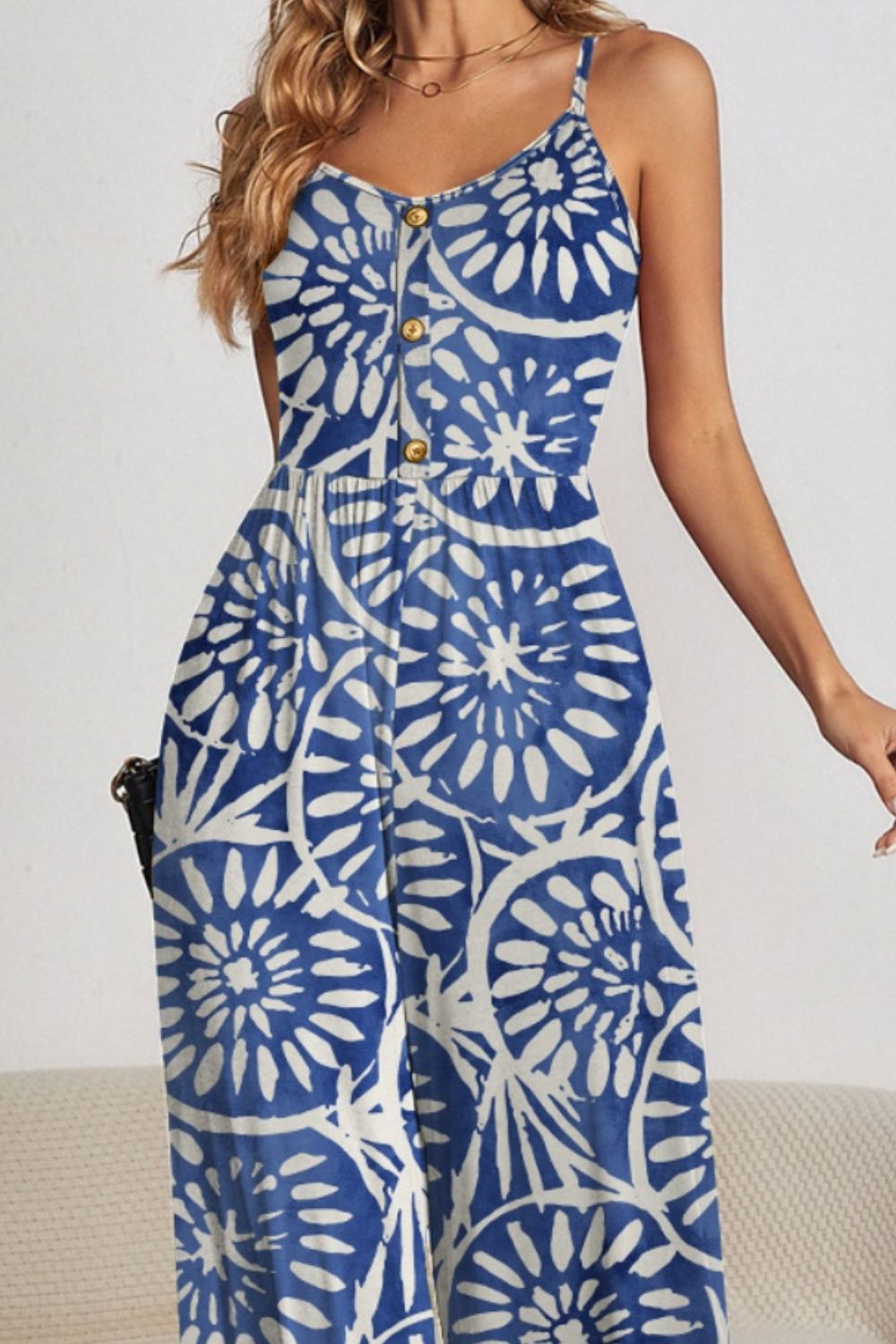 FAM-FAM Decorative Button Spaghetti Strap Wide Leg Jumpsuit 