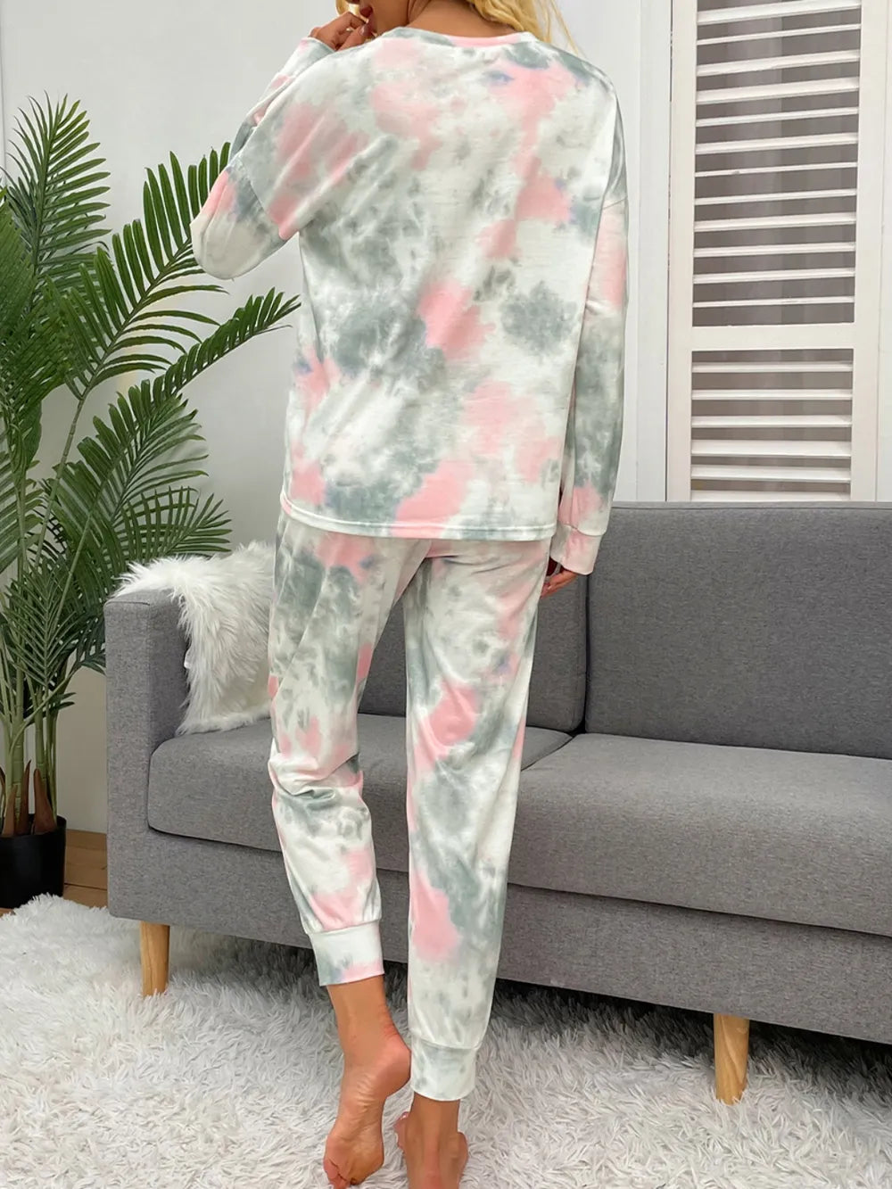 Shiny Tie-Dye Round Neck Top and Drawstring Pants Lounge Set Lingerie & Nightwear