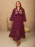 Plus Size Embroidered Polka Dot Tie Neck Long Sleeve Midi Dress 