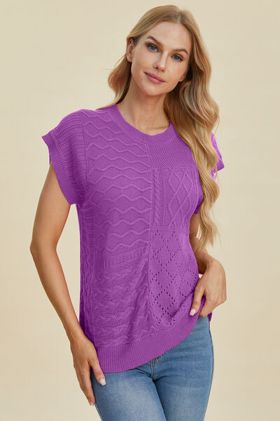 Double Take Full Size Cable-Knit Round Neck Cap Sleeve Sweater 