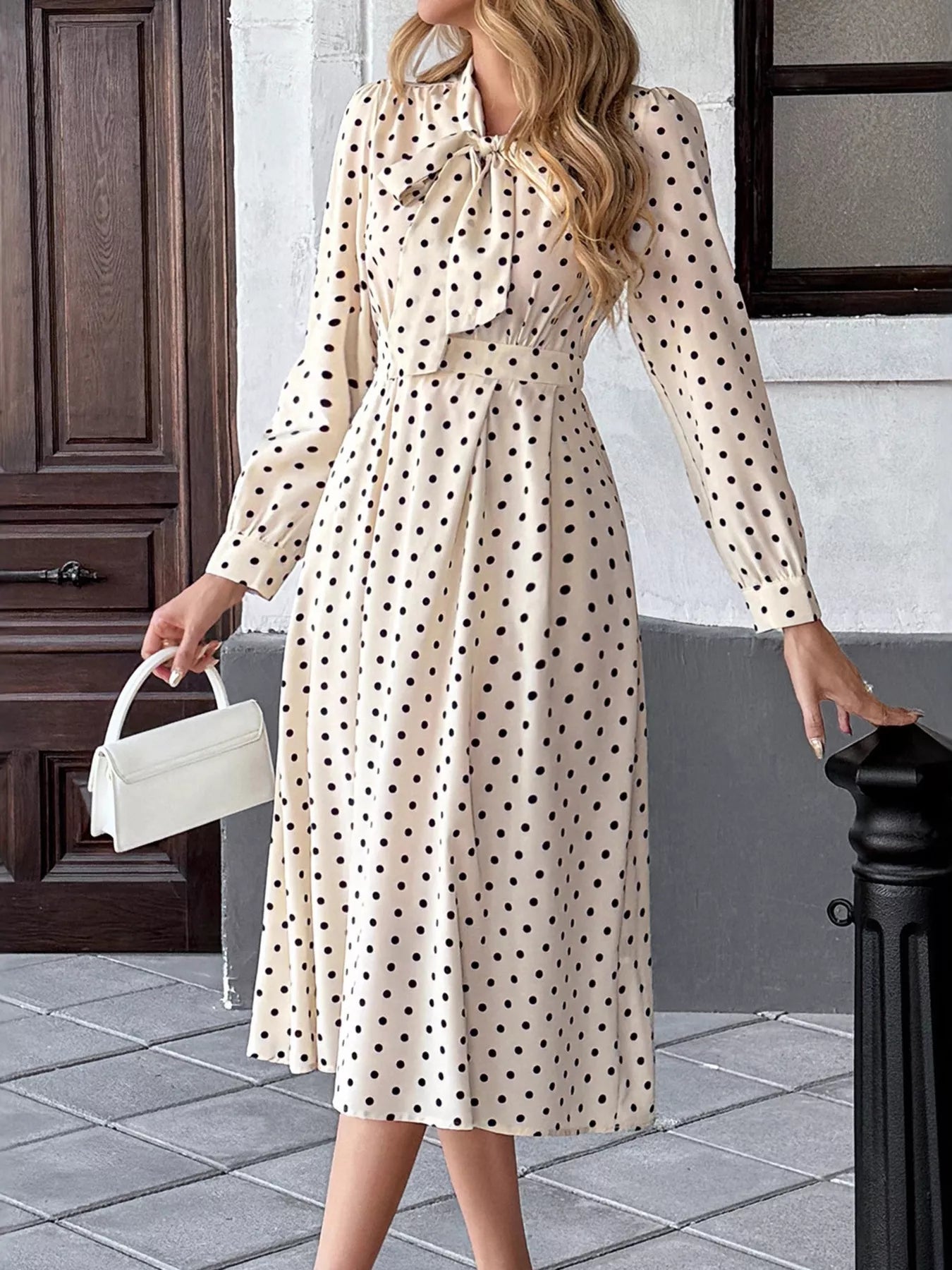 Polka Dot Tie Front Long Sleeve Midi Dress 