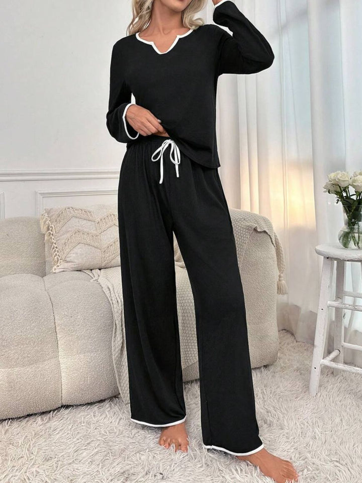 Contrast Trim Notched Long Sleeve Top and Pants Lounge Set 