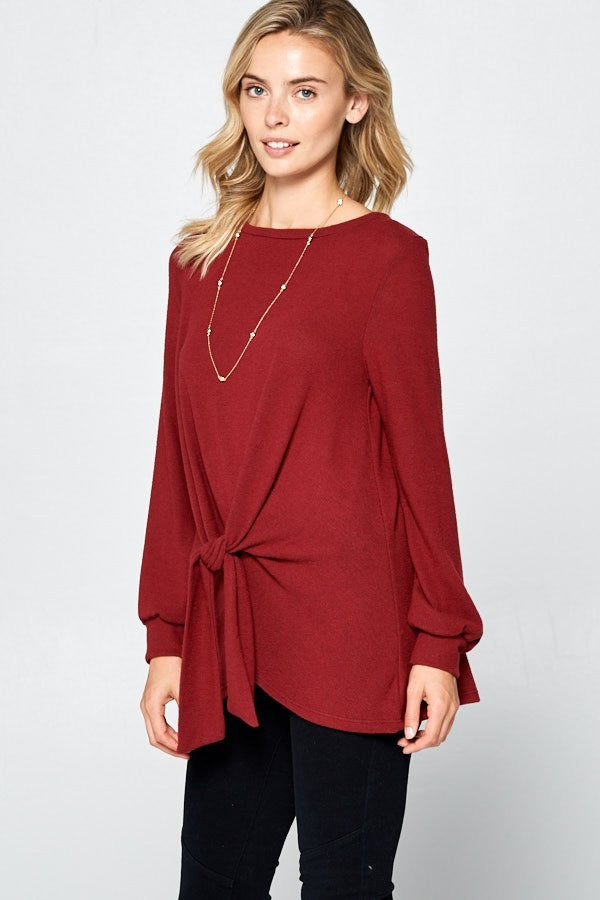 Super Lady Full Size Round Neck Knot Front Hacci Blouse 