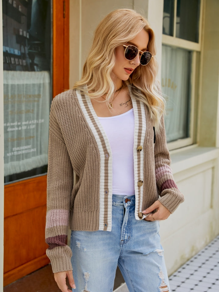 Contrast Button Up Dropped Shoulder Cardigan 