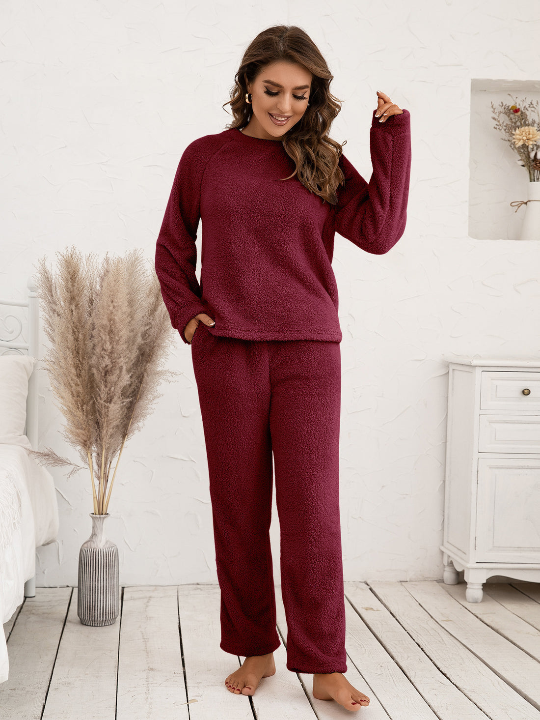 Ivy Lane Teddy Long Sleeve Top and Pants Lounge Set 