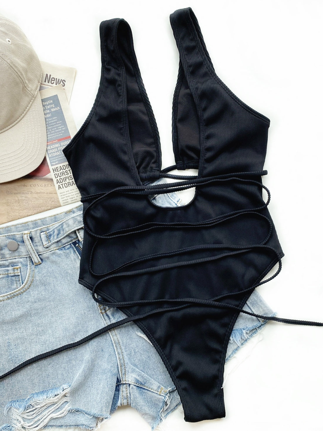 Ribbed Lace Up One-Piece Swimsuit swimwear