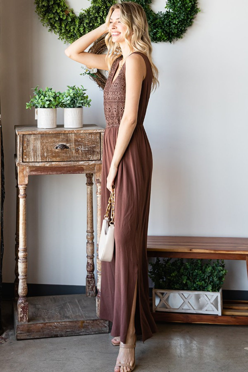 First Love Tie Back Sleeveless Slit Wide Leg Jumpsuit 