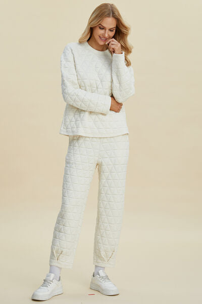 Double Take Full Size Texture Round Neck Long Sleeve Top and Pants Set 