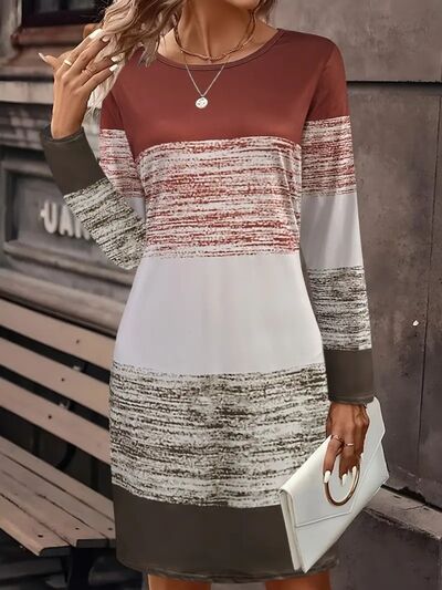 Color Block Round Neck Long Sleeve Dress Dresses