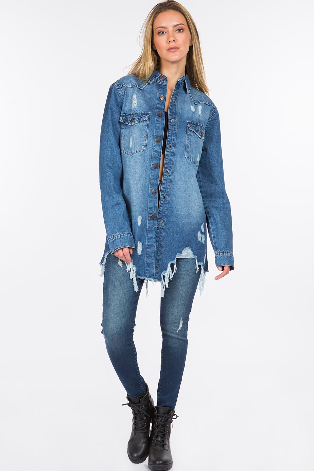 American Bazi Distressed Frayed Hem Denim Jacket 