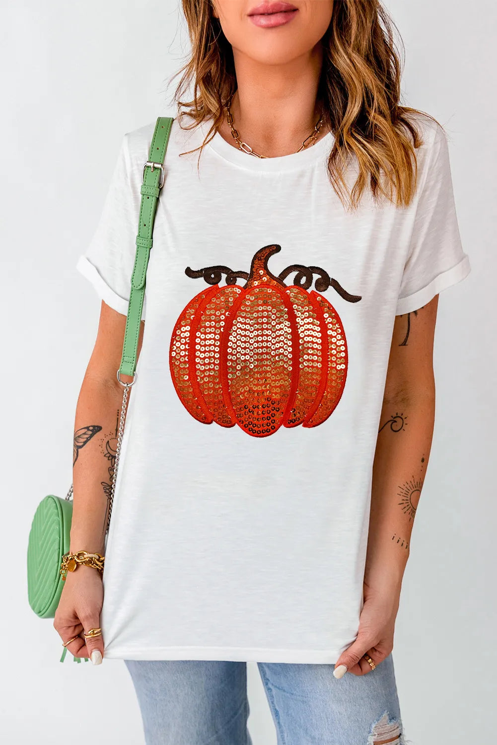 Full Size Sequin Pumpkin Round Neck Short Sleeve T-Shirt 
