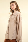 VERY J Mixed Media Button Down Raw Hem Shacket 