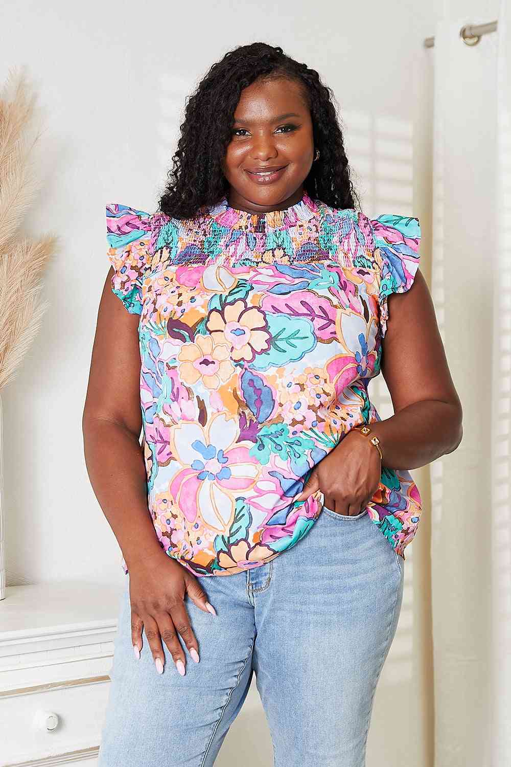 Double Take Floral Smocked Flutter Sleeve Top 