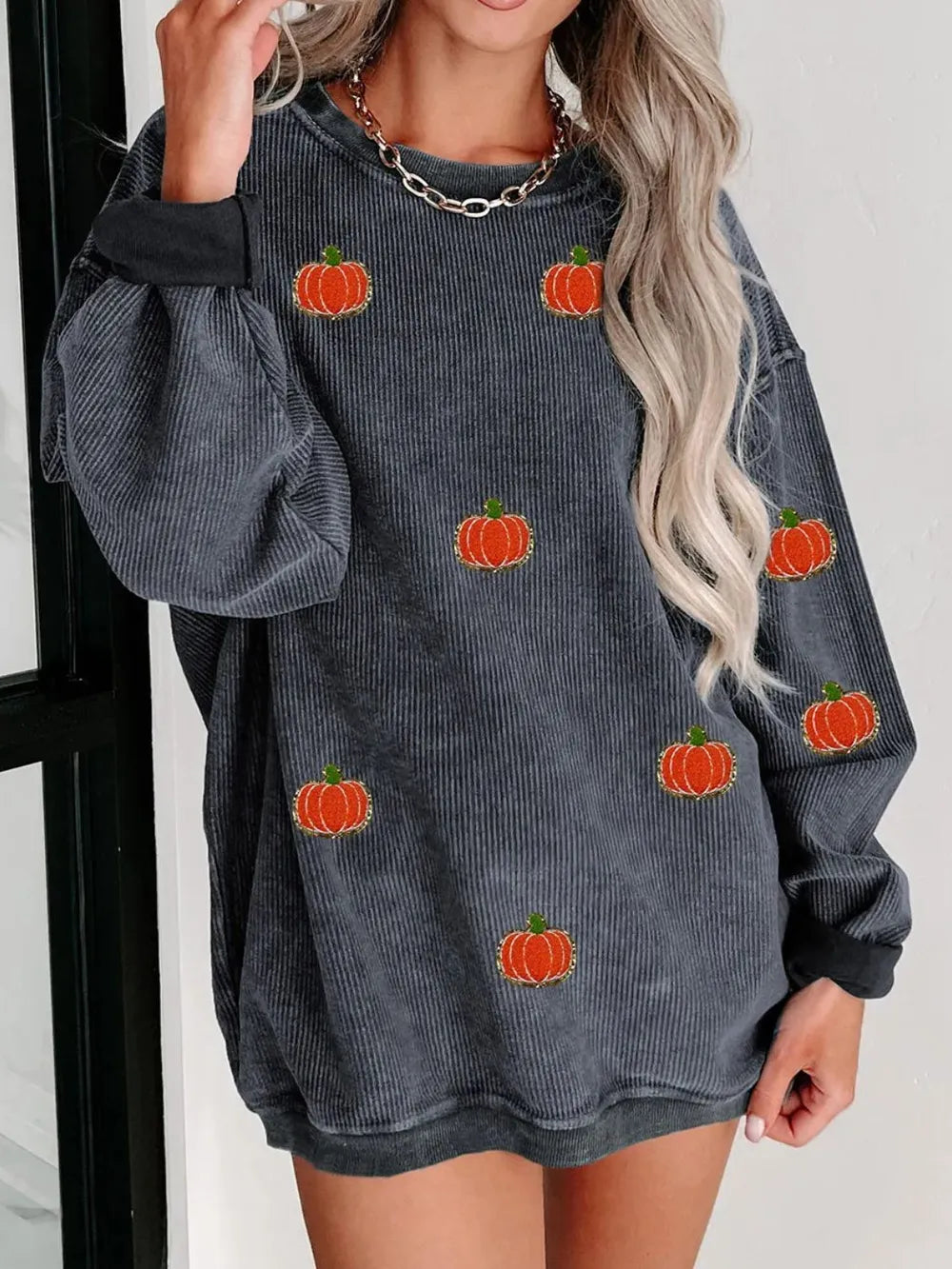 Pumpkin Round Neck Long Sleeve Sweatshirt 