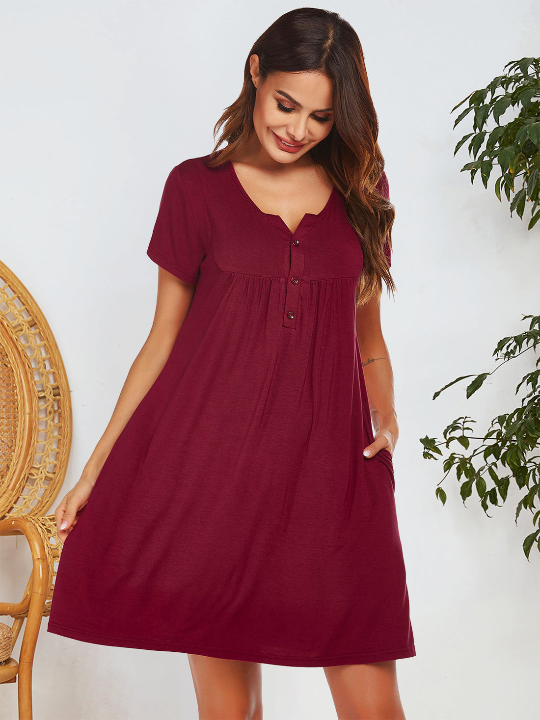 Notched Short Sleeve Mini Lounge Dress 