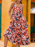 Perfee Frill Backless Printed Sleeveless Midi Dress Dresses