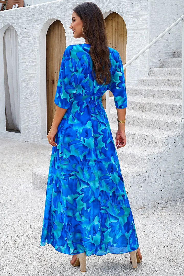 Devine Printed Tied Half Sleeve Slit Dress 