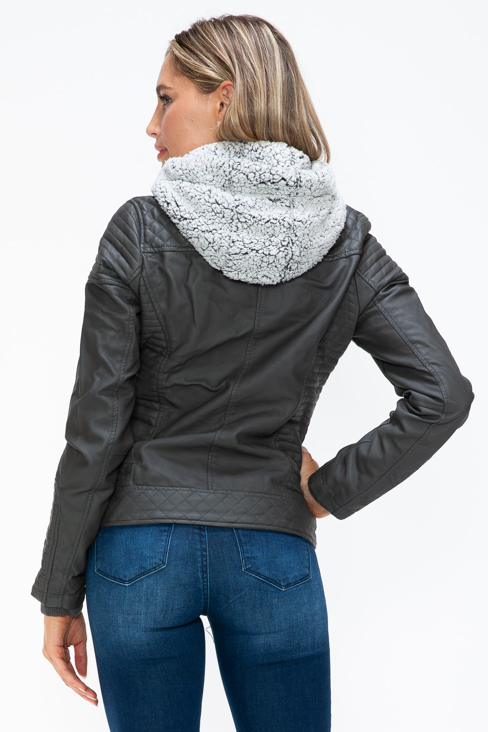 YMI Faux Layered Double-Zipper Jacket with Fuzzy Hood 