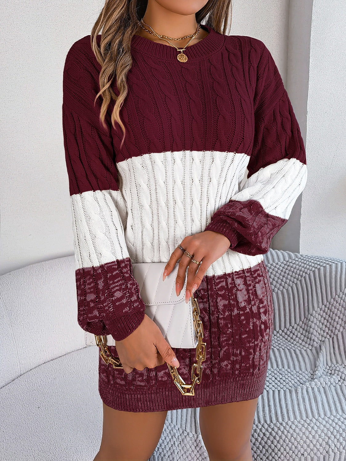 Cable-Knit Round Neck Color Block Sweater Dress 