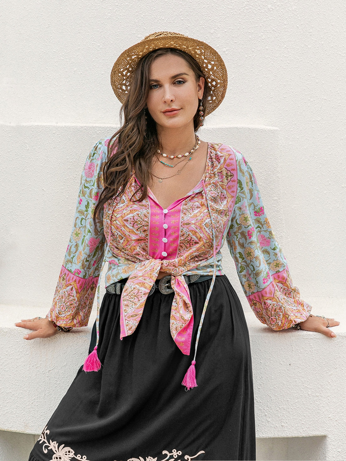 Plus Size Tie Neck Tassel Printed Blouse 