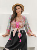 Plus Size Tie Neck Tassel Printed Blouse 