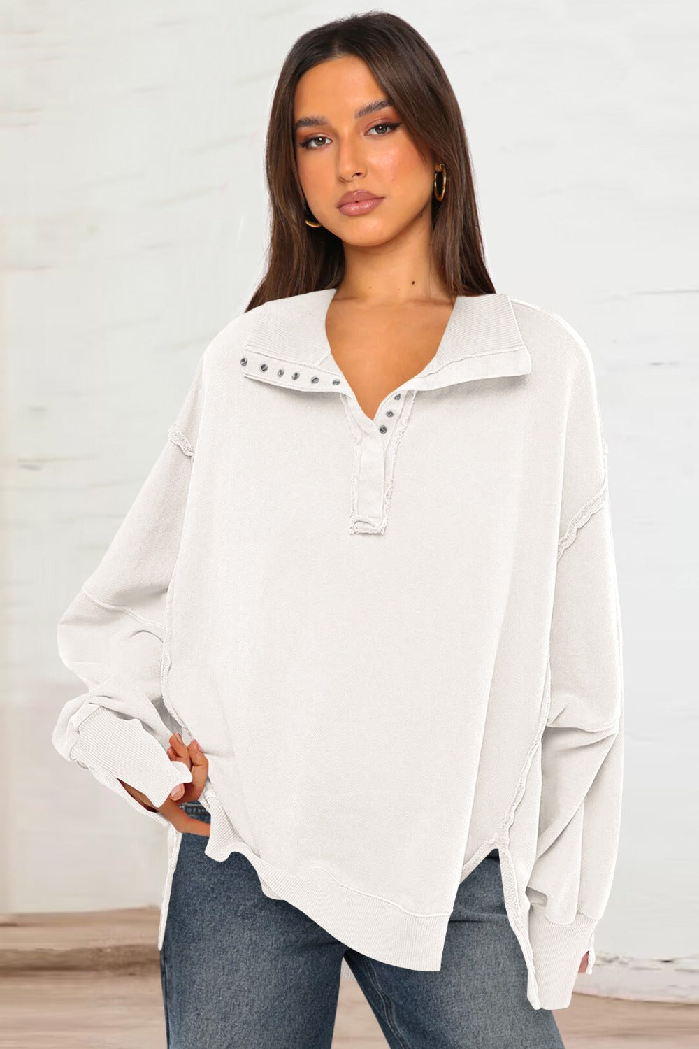 Exposed Seam Side Slit Long Sleeve Sweatshirt 