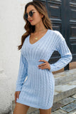 Cable-Knit V-Neck Long Sleeve Mini Sweater Dress Dresses