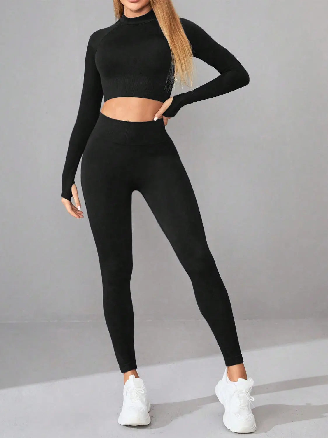 Mock Neck Long Sleeve Top and Leggings Active Set 