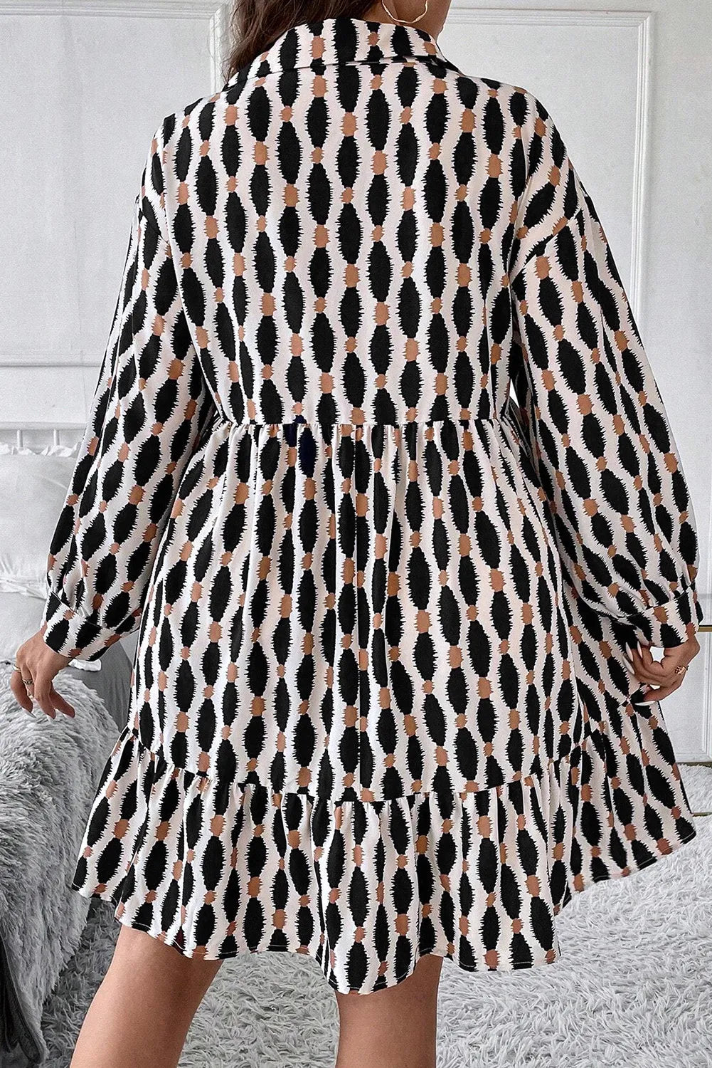 Plus Size Printed Johnny Collar Long Sleeve Dress 