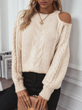 Cable Knit Round Neck Cold Shoulder Sweater 