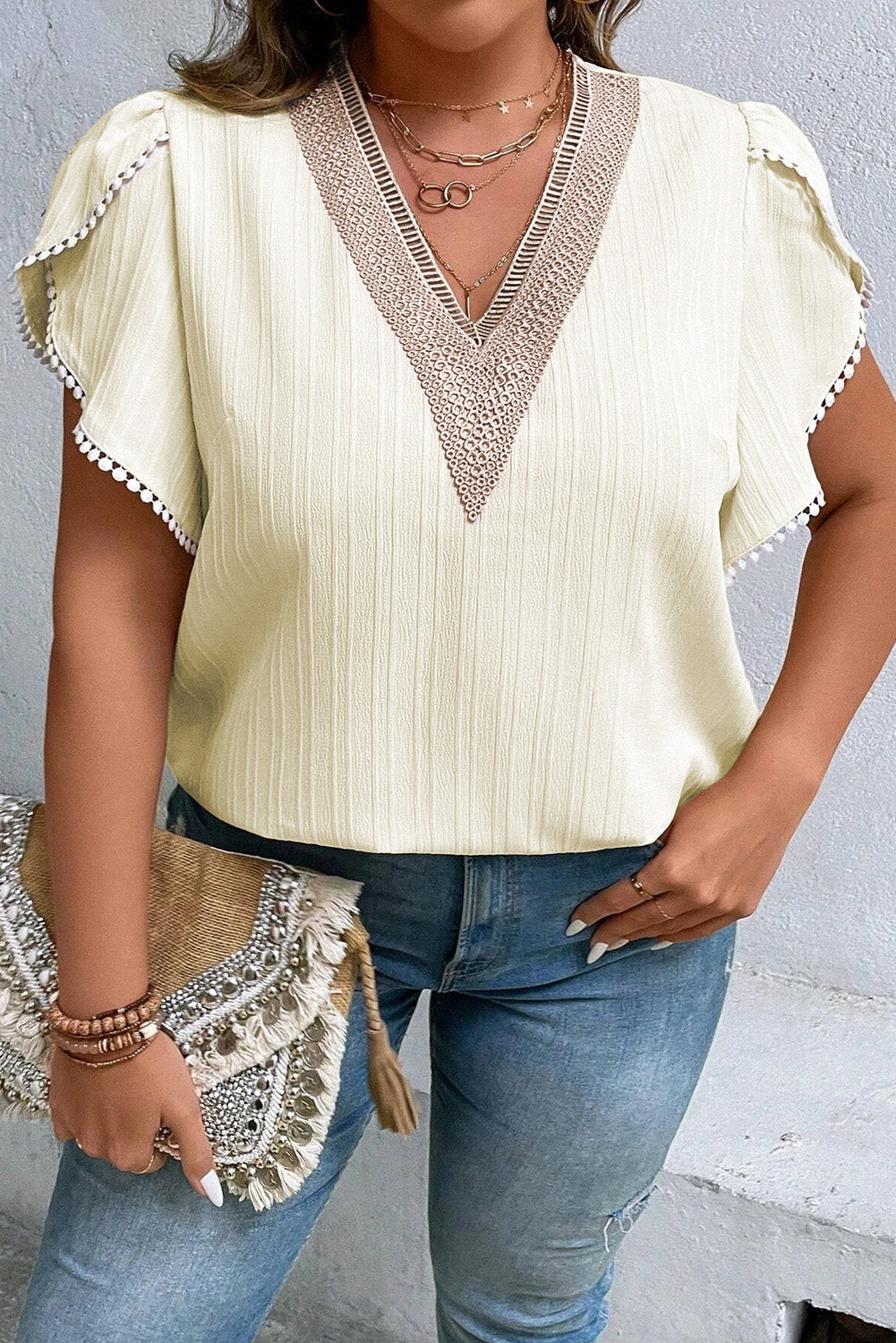 Plus Size V-Neck Petal Sleeve Blouse 