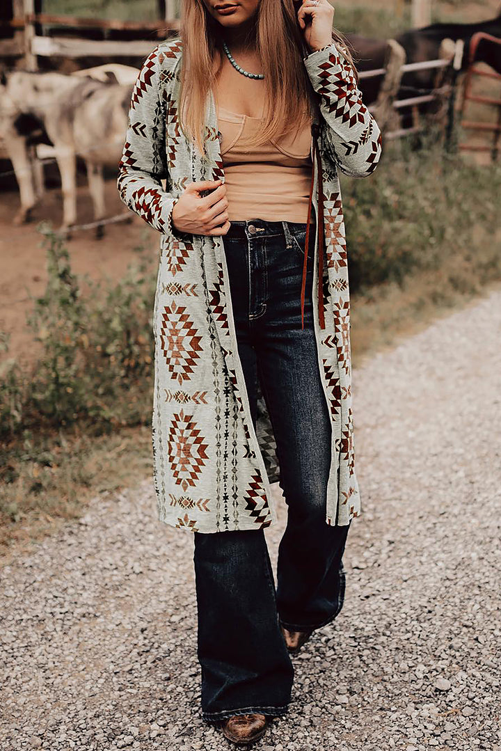 Brown Western Aztec Printed Open Front Long Cardigan Sweaters & Cardigans/Cardigans