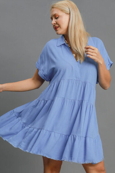 Umgee Full Size Raw Hem Folded Sleeve Tiered Dress Plus Size Dresses