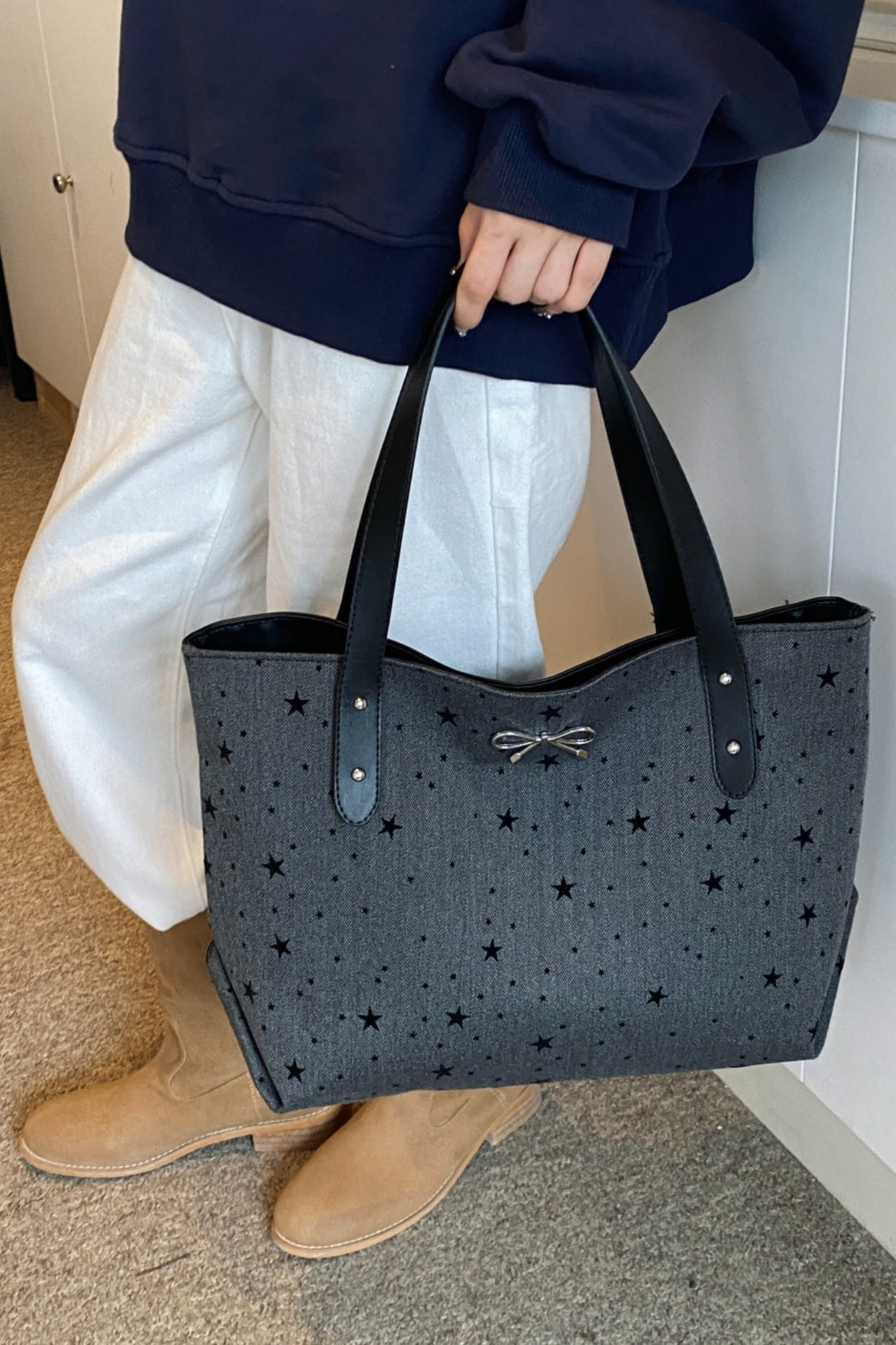 Polyester Bow Polka Dot Tote Bag 
