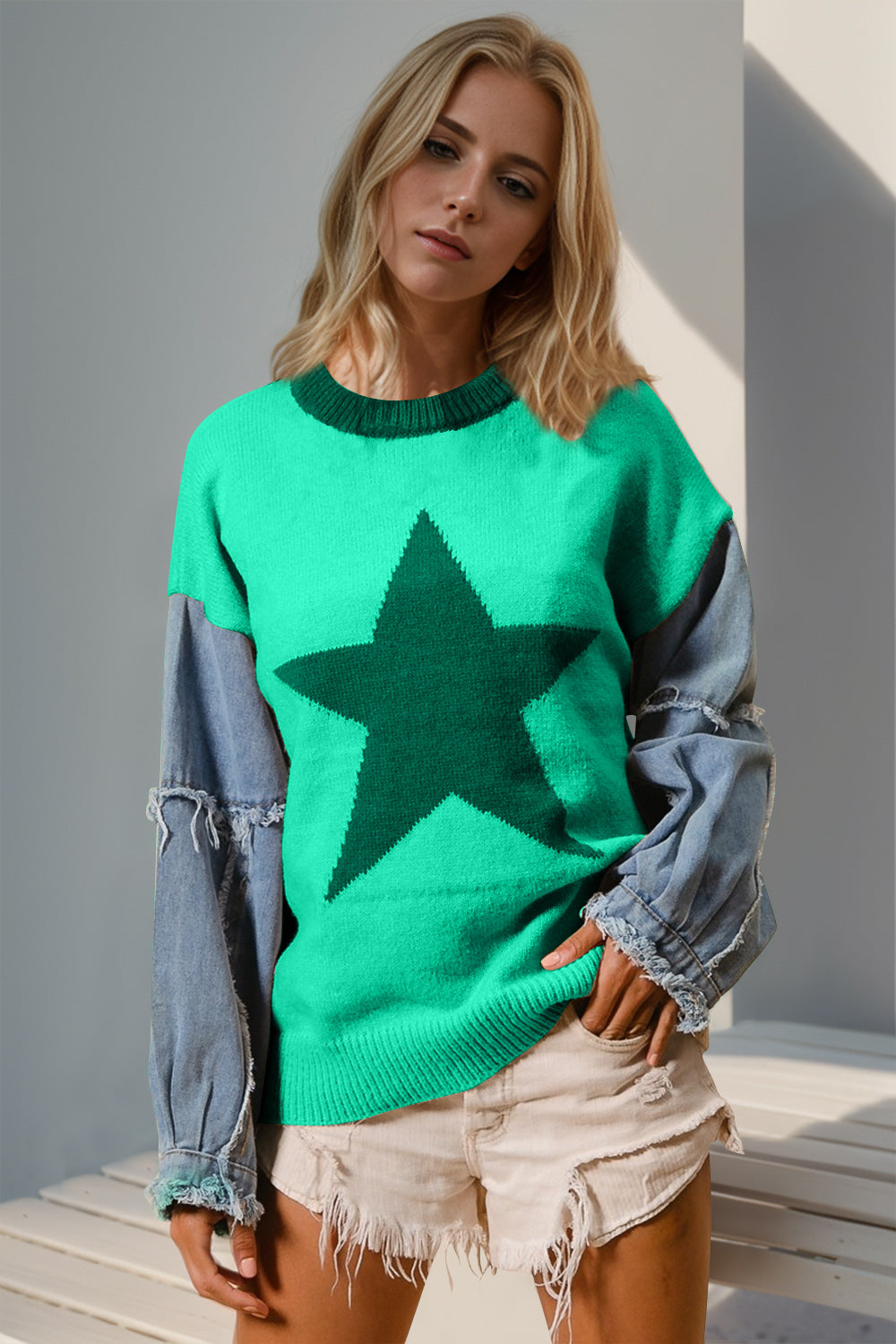Double Take Full Size Star Pattern Raw Edge Long Sleeve Sweater 