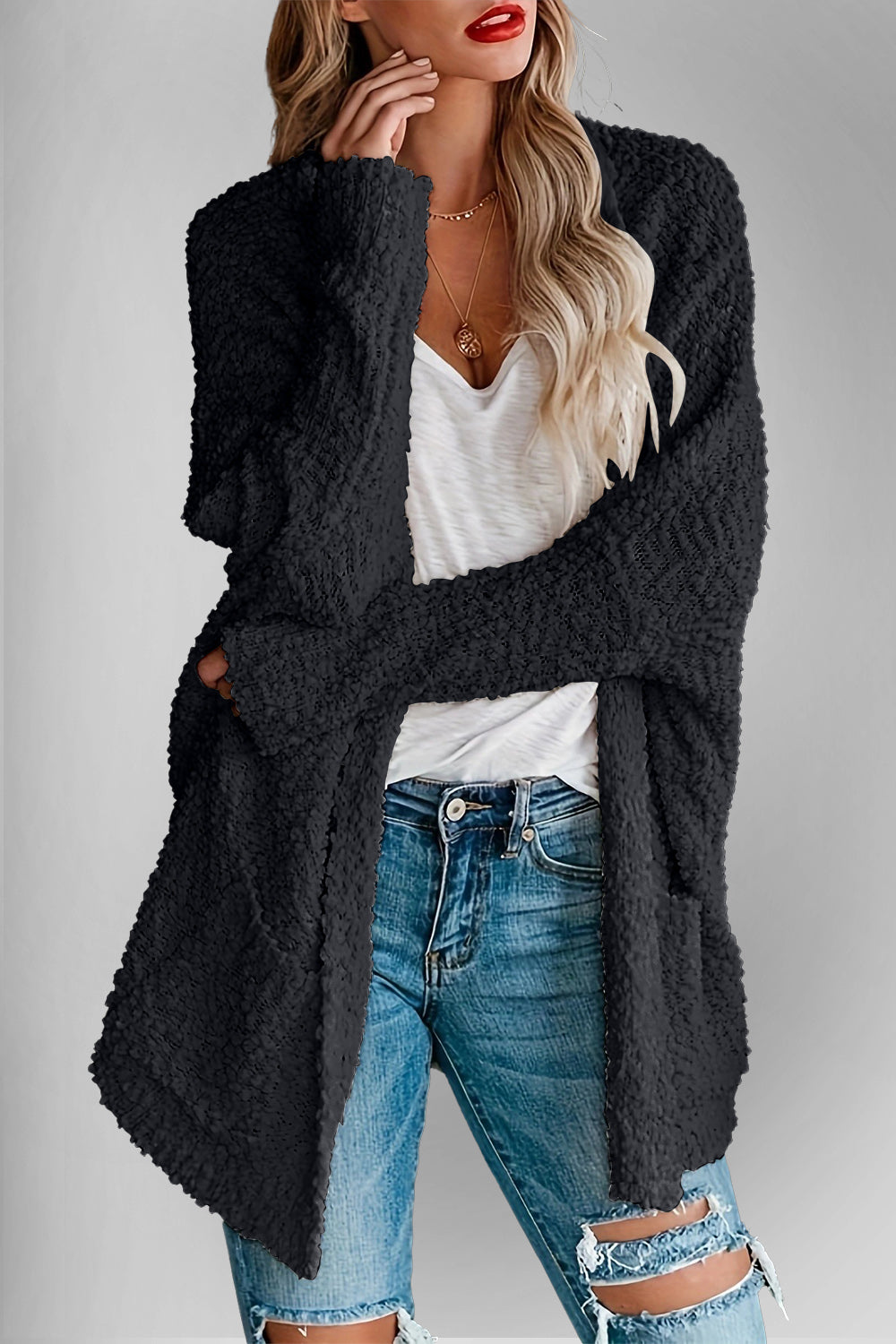 Double Take Pocketed Open Front Long Sleeve Cardigan 
