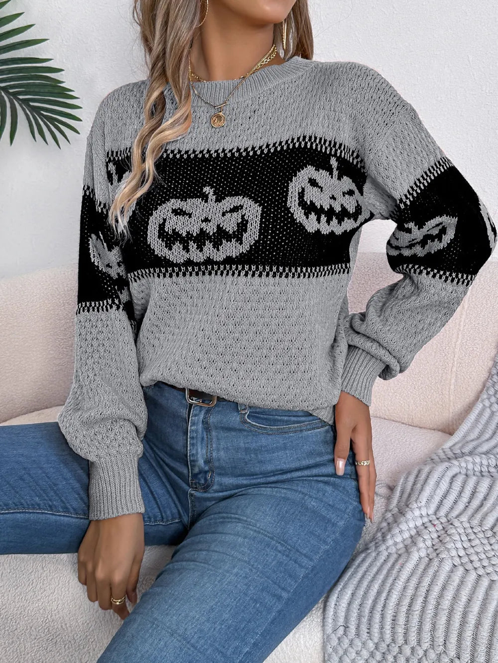 Pumpkin Round Neck Long Sleeve Sweater 