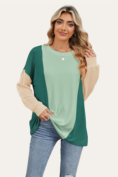 Double Take Texture Contrast Round Neck Long Sleeve T-Shirt 