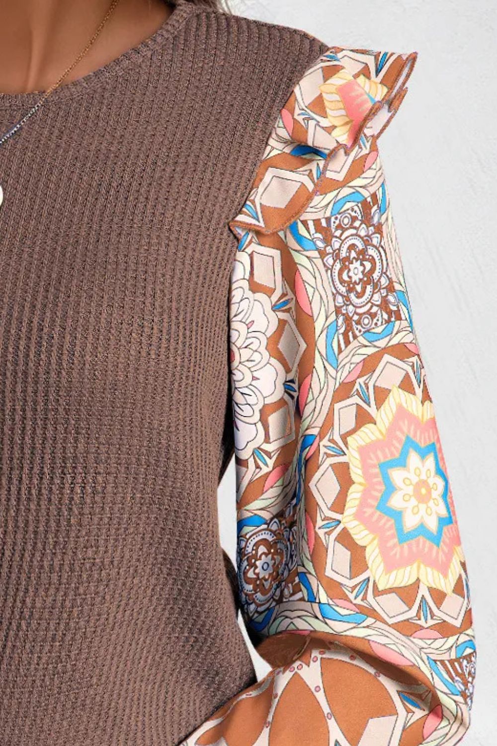 Ruffled Printed Round Neck Long Sleeve Top 