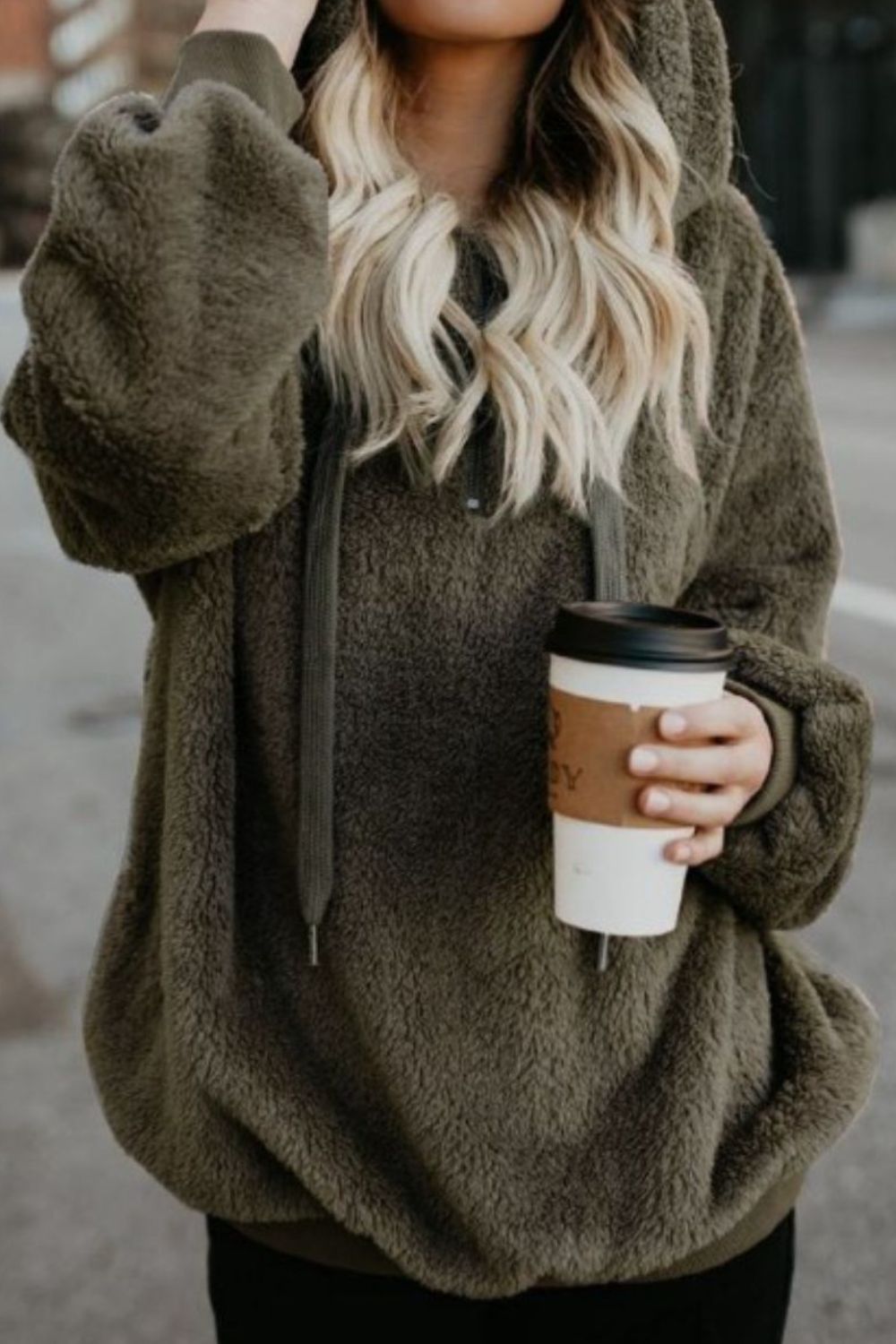 Full Size Quarter-Zip Drawstring Teddy Hoodie 
