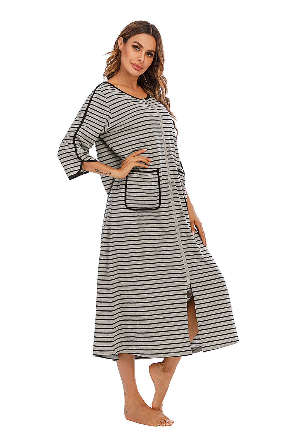 Round Neck Three-Quarter Sleeve Midi Night Dress Lingerie & Nightwear
