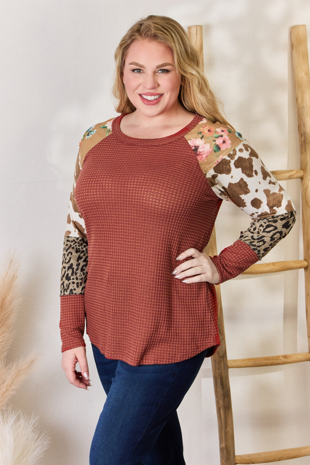Hailey & Co Full Size Leopard Waffle-Knit Blouse 