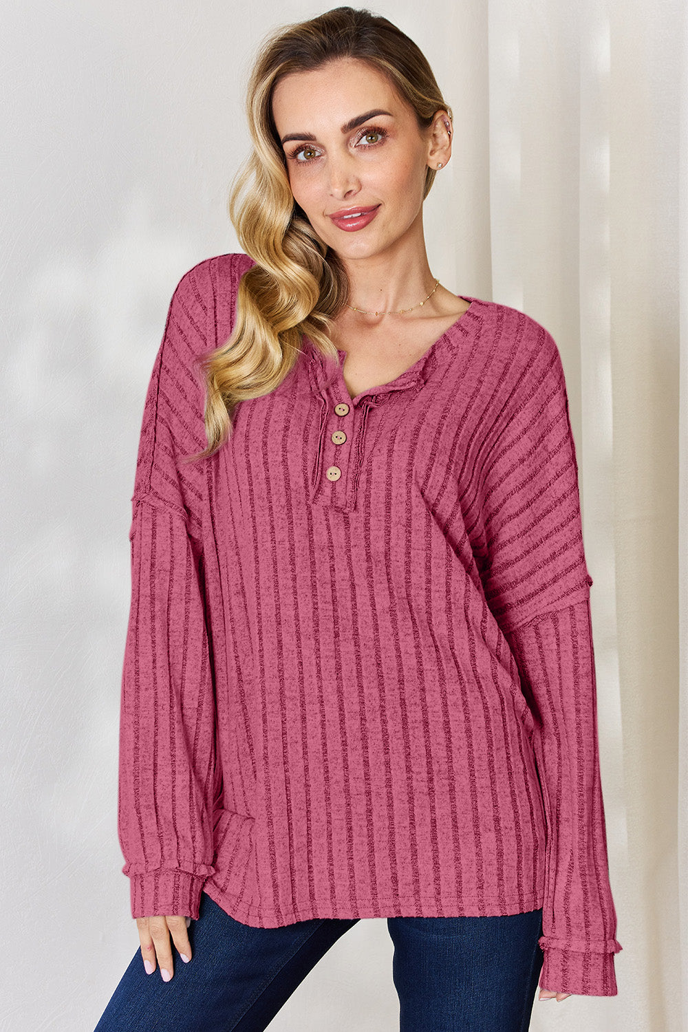 Basic Bae Full Size Ribbed Half Button Long Sleeve T-Shirt 