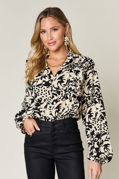 Double Take Full Size Printed Ruffle Trim Balloon Sleeve Shirt 