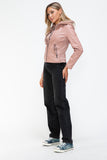 Snobbish Faux Leather Zip Up Drawstring Hooded Jacket 