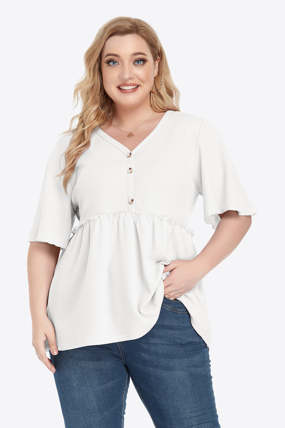 Plus Size Buttoned V-Neck Frill Trim Babydoll Blouse 