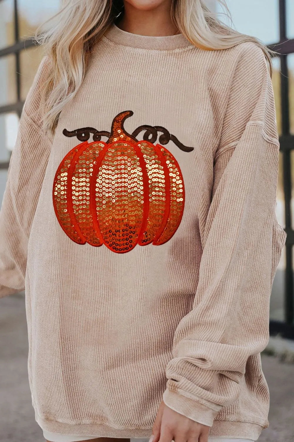 Sequin Pumpkin Round Neck Long Sleeve Sweatshirt 