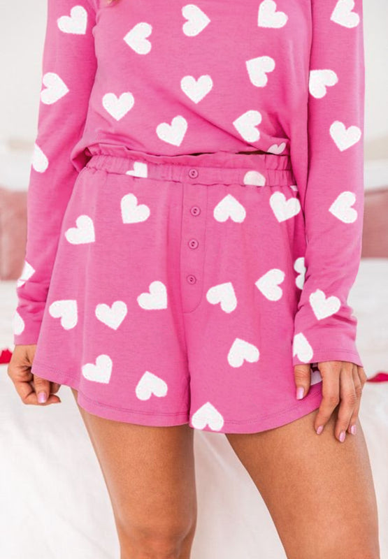 Heart Round Neck Long Sleeve Top and Elastic Waist Shorts Set 
