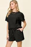 Double Take Full Size Texture Short Sleeve T-Shirt and Drawstring Shorts Set 