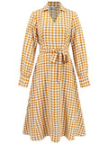 Tied Houndstooth Long Sleeve Midi Dress 